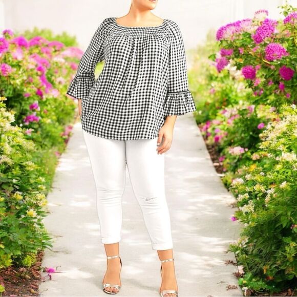 Terra & Sky Tops - Terra & sky black and white gingham check woven peasant top.